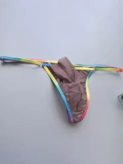 Men's Rainbow Waistband Separate Pouch Sheer See-Through Mesh Thong Underwear