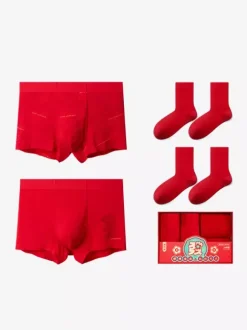 Men’s Red Underwear And Socks Set For Birth Year Seamless Mid-Rise Red Briefs