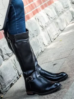 Men's Riding Boots Black PU Round Toe Buckle Detail Mid Calf Boots
