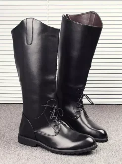 Men's Riding Boots Black Round Toe Lace Up Knee High Boots