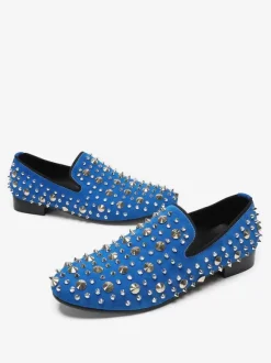 Mens Rivets Loafer Cowhide Blue Slip On Spikes Prom Wedding Shoes