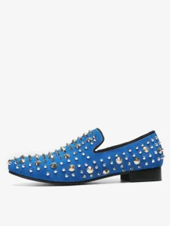 Mens Rivets Loafer Cowhide Blue Slip On Spikes Prom Wedding Shoes