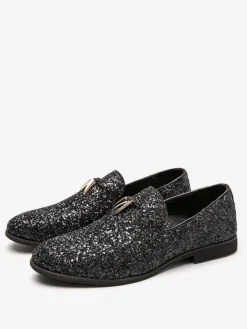 Mens Rivets Loafer Prom Party Wedding Shoes Black Glitter Slip-On Round Toe Dress Prom Party Wedding Shoes