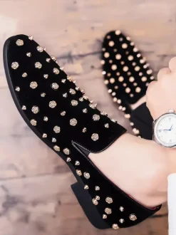 Mens Rivets Loafers Gold Spikes Dress Rivet Suede Leather Floral Easy Slip-On Formal Casual Wedding Party Prom Dancing Flat Penny Shoes