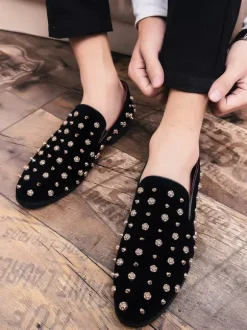 Mens Rivets Loafers Gold Spikes Dress Rivet Suede Leather Floral Easy Slip-On Formal Casual Wedding Party Prom Dancing Flat Penny Shoes