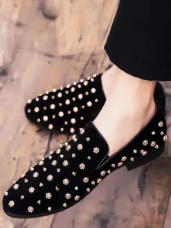 Mens Rivets Loafers Gold Spikes Dress Rivet Suede Leather Floral Easy Slip-On Formal Casual Wedding Party Prom Dancing Flat Penny Shoes