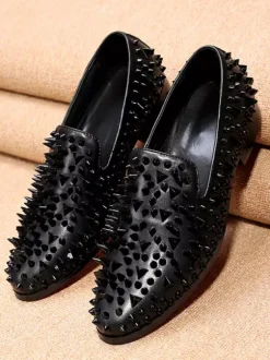 Men's Rivets Loafer Shoes Rivets Color Block Pointed Toe Cowhide Spikes Slip On Prom Wedding Shoes