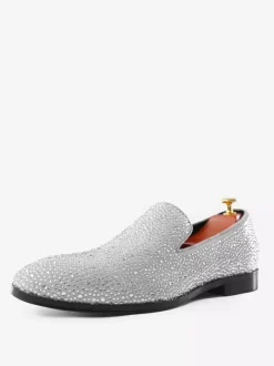Men's Rivets Loafer Shoes Suede Cold White Crystal Rhinestones Sliiper Slip-On Prom Party Wedding Shoes