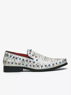 Mens Rivets Loafer Slip On Pointed Toe Vegan Leather Studs Decoration Anti-Slip Slip Resistant Block Heel Casual