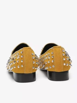 Mens Rivets Loafer Yellow Rivets Pointed Toe Leather Slip On Spikes Prom Wedding Shoes