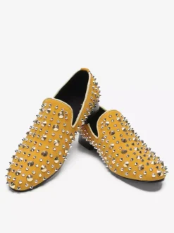Mens Rivets Loafer Yellow Rivets Pointed Toe Leather Slip On Spikes Prom Wedding Shoes