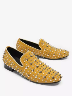 Mens Rivets Loafer Yellow Rivets Pointed Toe Leather Slip On Spikes Prom Wedding Shoes