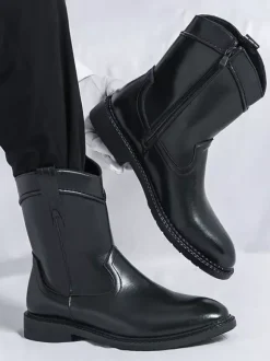 Mens Short Boots Pointed-Toe Leather Zip-Up Boots With Low Heel