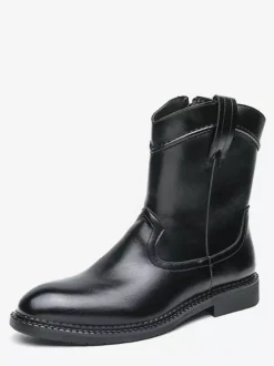 Mens Short Boots Pointed-Toe Leather Zip-Up Boots With Low Heel