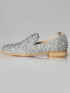 Mens Silver Spike Rivets Loafers with Prom Party Wedding Shoes