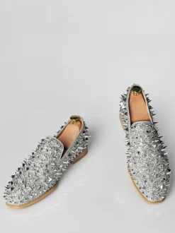 Mens Silver Spike Rivets Loafers with Prom Party Wedding Shoes