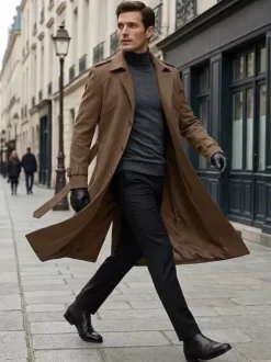 Men's Single Breasted Jackets Long Coats Camel Longline Slim Fit Coats