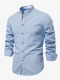 Men’s Slim Shirt Cotton and Linen Casual Single Breasted Solid Color Long-Sleeved Shirt