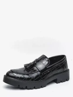 Men's Slip On Loafers Round Toe Stone Pattern Slip On Shoes With Tassels