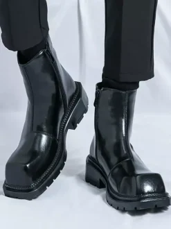 Mens Square Toe Ankle Boots Slip Resistant Platform Sole Rugged Outdoor Winter Short Booties