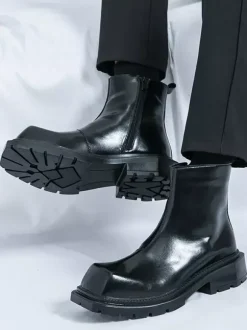 Mens Square Toe Ankle Boots Slip Resistant Platform Sole Rugged Outdoor Winter Short Booties