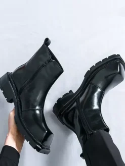 Mens Square Toe Ankle Boots Slip Resistant Platform Sole Rugged Outdoor Winter Short Booties