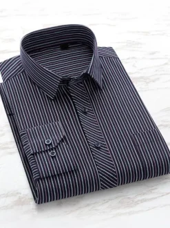 Men's Striped Dress Shirts with Pocket Long Sleeves Grey