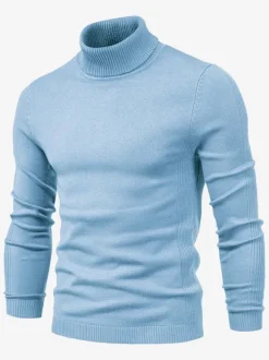 Men's Sweaters Men's Pullover Knitwear High Collar Winter Light Sky Blue Khaki