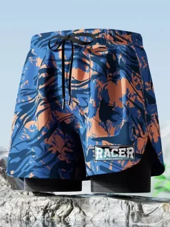 Men's Swimming Trunks Quick Dry Double Layer Boxer Briefs Anti-Embarrassment Board Shorts For Adults
