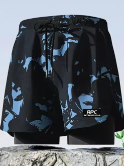 Men's Swimming Trunks Quick Dry Double Layer Boxer Briefs Anti-Embarrassment Board Shorts For Adults