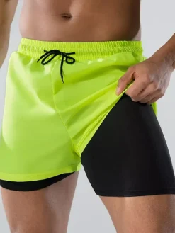 Men’s Swim Trunks Boxer Style Double-Layer Loose Fit Quick-Dry Plus Size Beach Wear
