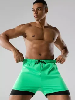 Men’s Swim Trunks Boxer Style Double-Layer Loose Fit Quick-Dry Plus Size Beach Wear