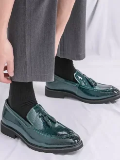 Mens Tassel Loafer Leather Stone Pattern Slip-On Penny Shoes Fashion Pointed Toe Comfortable Low Top Non-Slip Dress Shoes For Wedding Party Formal