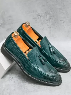 Mens Tassel Loafer Leather Stone Pattern Slip-On Penny Shoes Fashion Pointed Toe Comfortable Low Top Non-Slip Dress Shoes For Wedding Party Formal