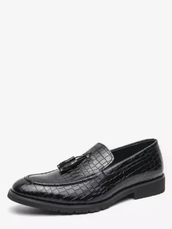 Mens Tassel Loafer Leather Stone Pattern Slip-On Penny Shoes Fashion Pointed Toe Comfortable Low Top Non-Slip Dress Shoes For Wedding Party Formal