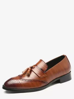 Mens Tassel Loafers Leather Wingtip Pattern Formal Shoes Slip-On Pointed Toe Penny Shoes