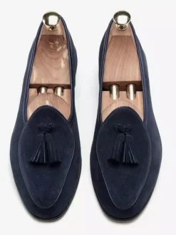 Mens Tassel loafer Slip-on Suede Moccasins Spike low heels Light Brown Prom Shoes
