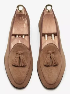 Mens Tassel loafer Slip-on Suede Moccasins Spike low heels Light Brown Prom Shoes