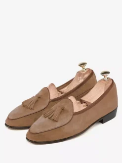Mens Tassel loafer Slip-on Suede Moccasins Spike low heels Light Brown Prom Shoes
