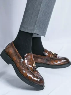 Mens Tassel Loafers Slip-Ons Pointed Toe Penny Shoes Patent Splice Design Low Heels Party Shoes