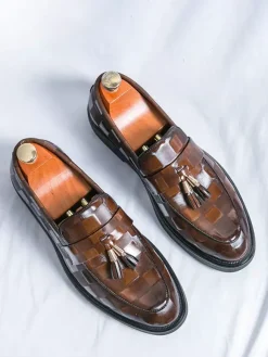 Mens Tassel Loafers Slip-Ons Pointed Toe Penny Shoes Patent Splice Design Low Heels Party Shoes