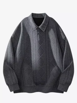 Men’s Textured Sweatshirt Turndown Collar Long Sleeve Retro Style Polo Jacket With Ribbed Cuffs And Hem