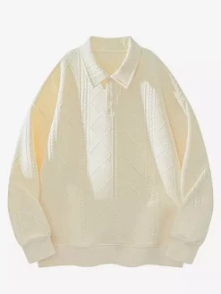 Men’s Textured Sweatshirt Turndown Collar Long Sleeve Retro Style Polo Jacket With Ribbed Cuffs And Hem