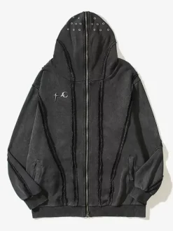 Men's Trendy American Washed Zipper Shark Masked Hooded Cardigan Sweatshirt Loose Jacket