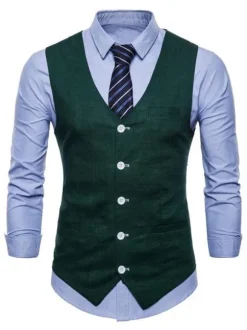 Men Suit Vest V Neck Cotton Linen Pocket Regular Fit Casual Waistcoat