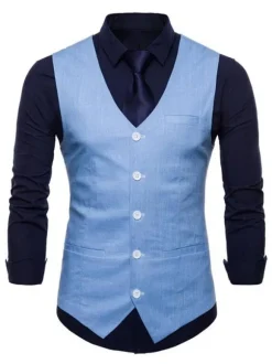 Men Suit Vest V Neck Cotton Linen Pocket Regular Fit Casual Waistcoat