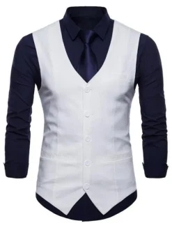 Men Suit Vest V Neck Cotton Linen Pocket Regular Fit Casual Waistcoat