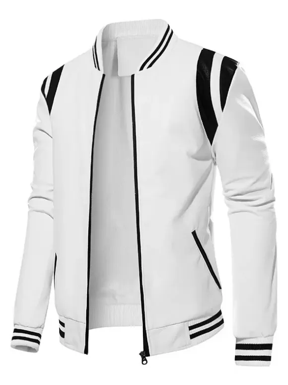 Men's Unisex Plus Size Leather Jacket Color Block Striped Zip up Stand Collar Moto Jackets