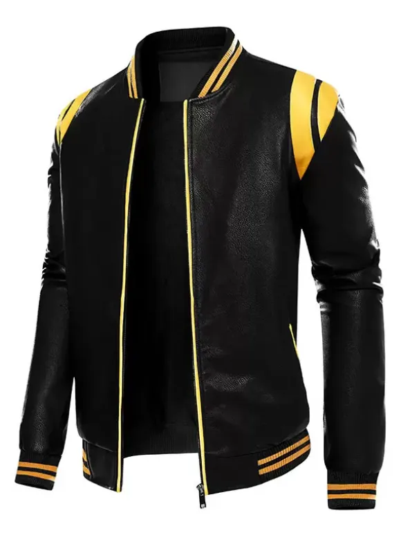 Men's Unisex Plus Size Leather Jacket Color Block Striped Zip up Stand Collar Moto Jackets