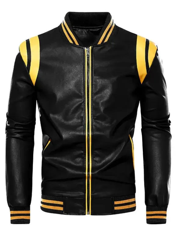 Men's Unisex Plus Size Leather Jacket Color Block Striped Zip up Stand Collar Moto Jackets